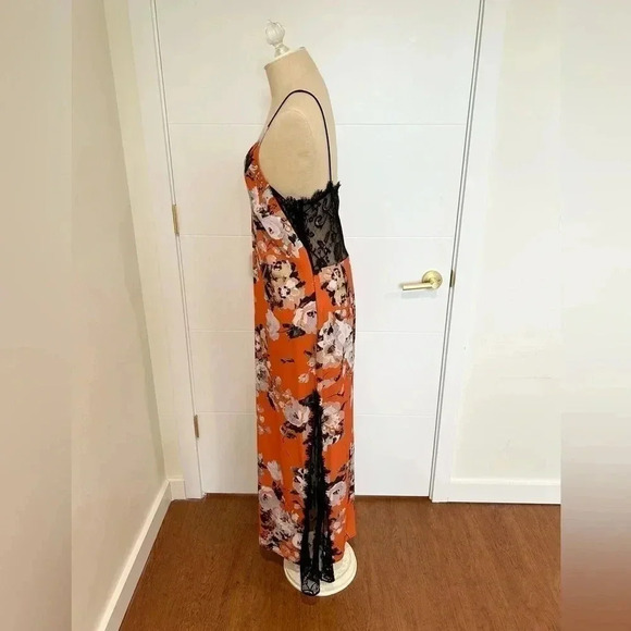 ABS Allen Schwartz Orange Floral Printed Slip Gown with Contrast Lace. Size 8. - Picture 7 of 13